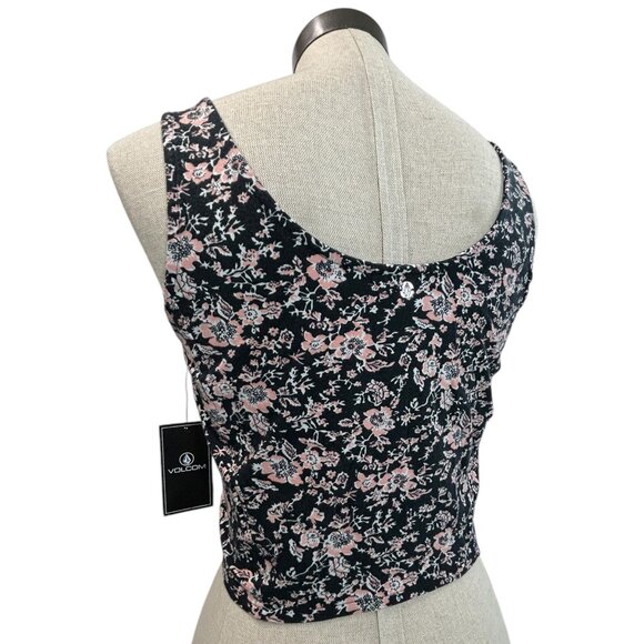 VOLCOM What A Looker Crop Tank Top Sz M Corset Style Tank Eyelet Floral Printed - Picture 6 of 10